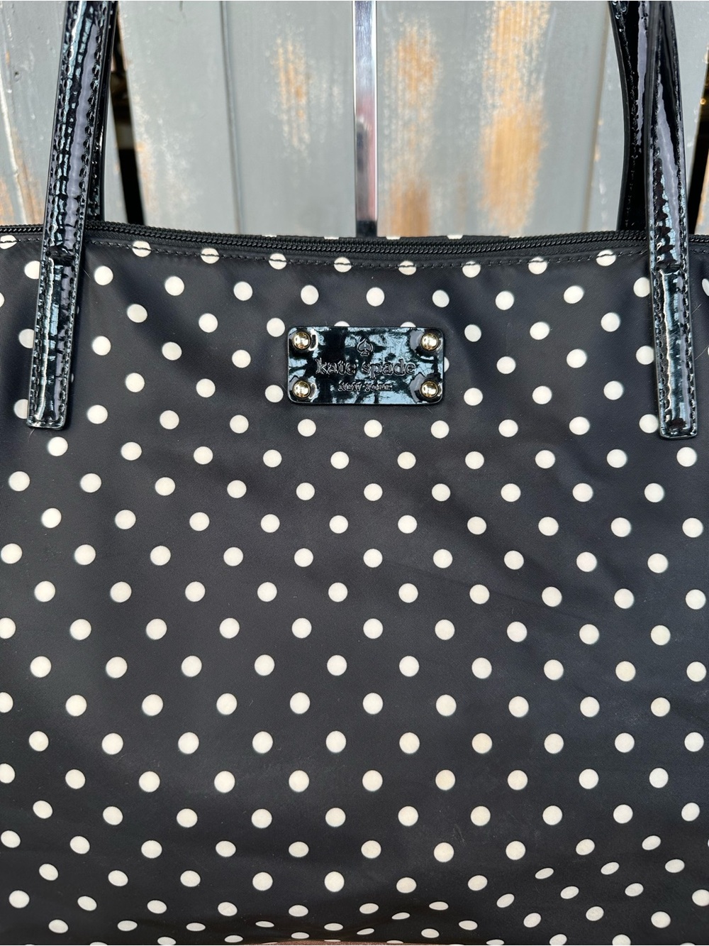 Kate Spade Sophie Polka Dot Nylon Patent Tote Black White - Picture 2 of 16